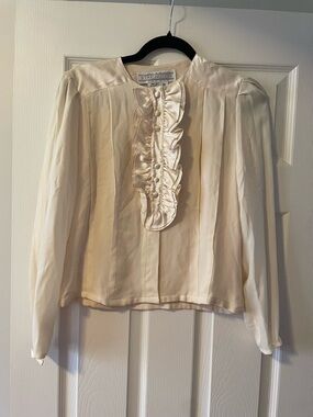 100% Silk Cream Ruffle-Front Long Sleeve Blouse